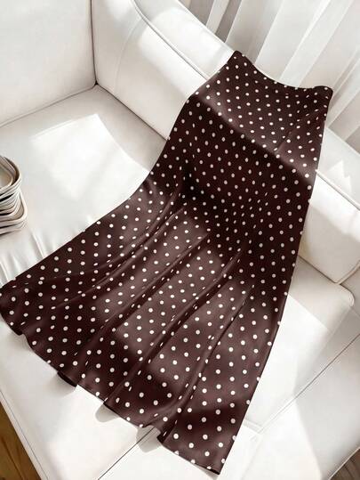Women's Polka Dot Skirt, Spring/Summer Casual Vacation Skirt, Elegant High Waist Fitted Skirt, Party Brown, French Girl Style